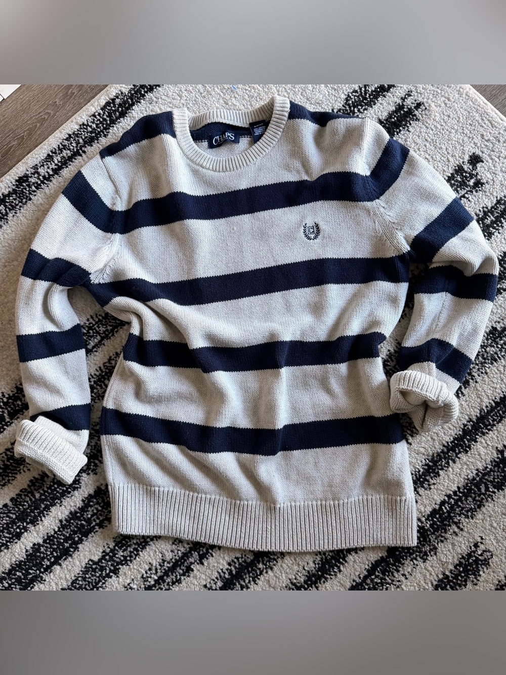 Chaps Women's Navy and Cream Striped Crewneck Sweater size S